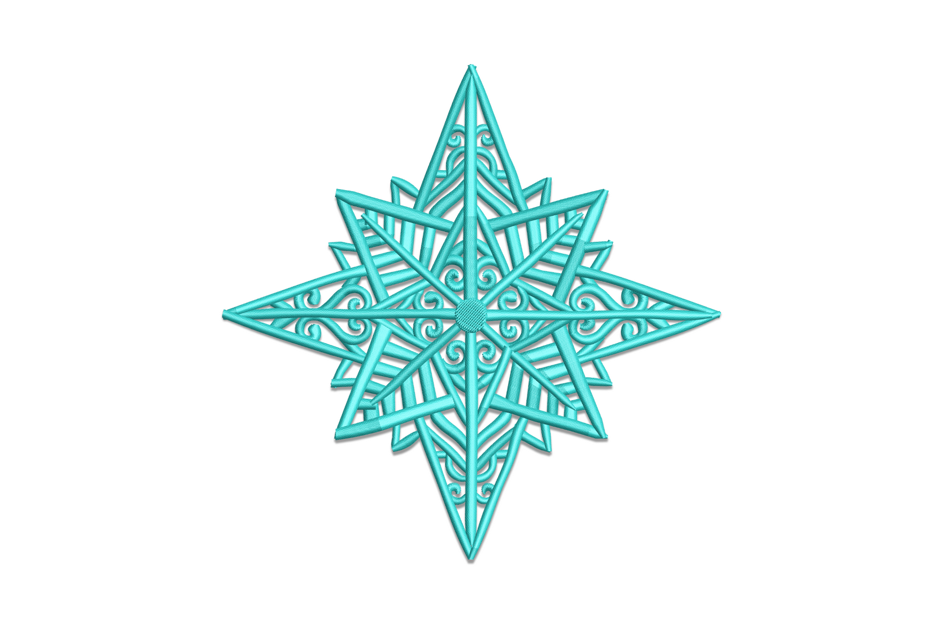Filigree snowflake star embroidery in aqua teal. Open lattice interior with scrollwork curls, single color, 5 sizes.