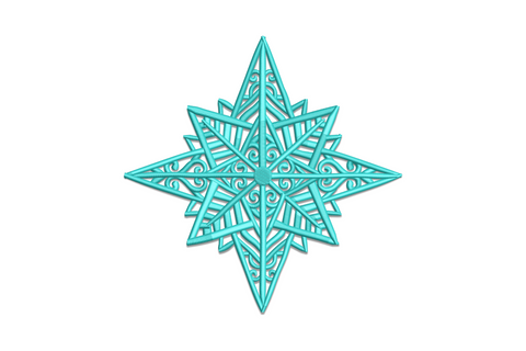 Filigree snowflake star embroidery in aqua teal. Open lattice interior with scrollwork curls, single color, 5 sizes.