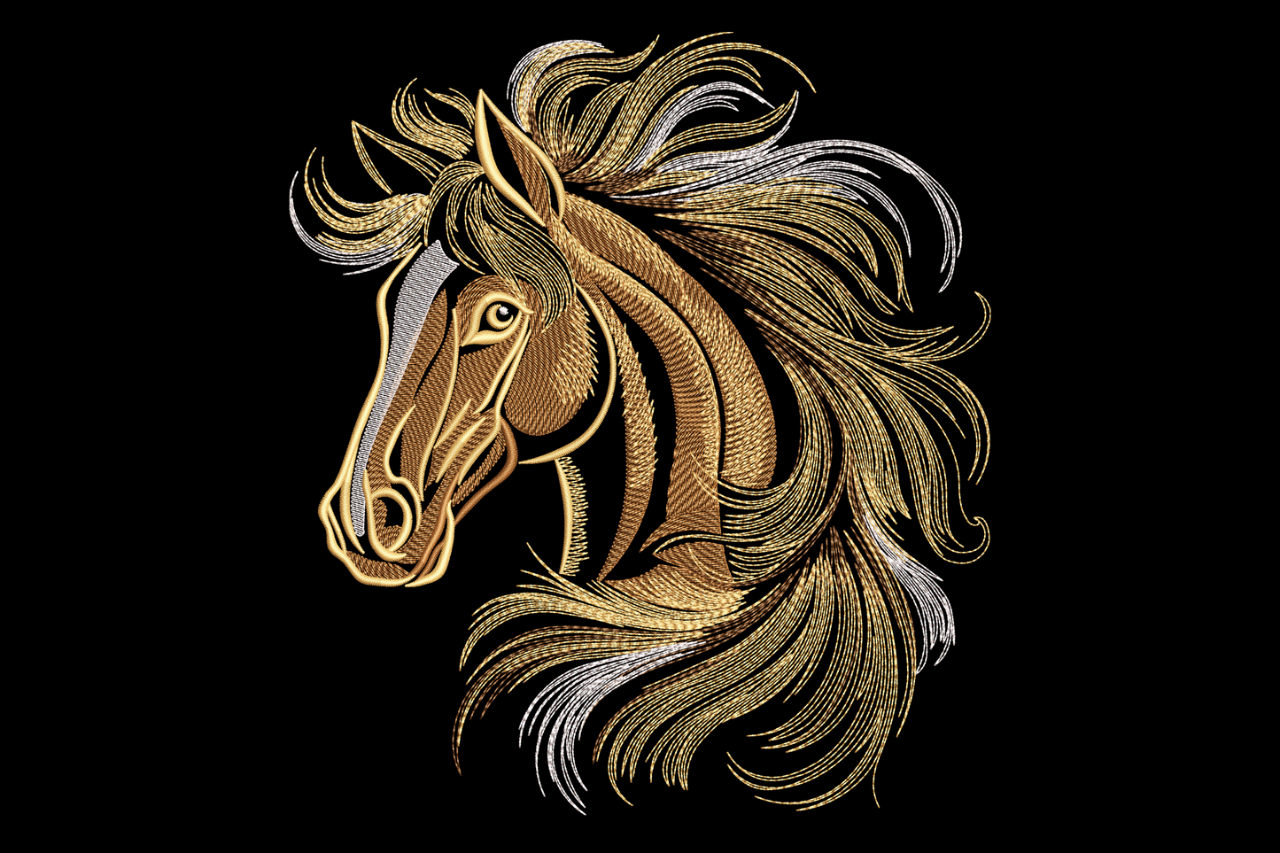 Elegant stallion mane embroidery, brown and sand line-art strands, white highlights, open calligraphic style on cream linen.