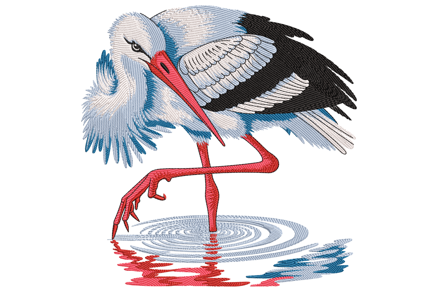 Elegant stork bird embroidery standing one-legged in water with red beak and legs, white and black feathers, water reflection, 9 sizes.