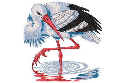 Elegant stork bird embroidery standing one-legged in water with red beak and legs, white and black feathers, water reflection, 9 sizes.