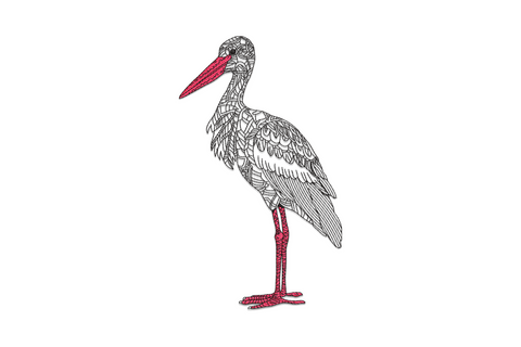 Elegant stork line art embroidery design, full-body profile with zentangle body fill, black and red on white background.