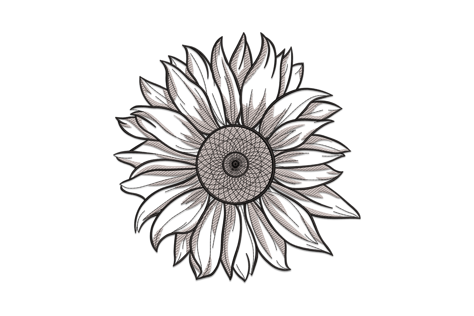Elegant sunflower embroidery design in vintage engraving style, monochrome black and grey, with dense crosshatch centre disc and parallel-shaded layered petals.