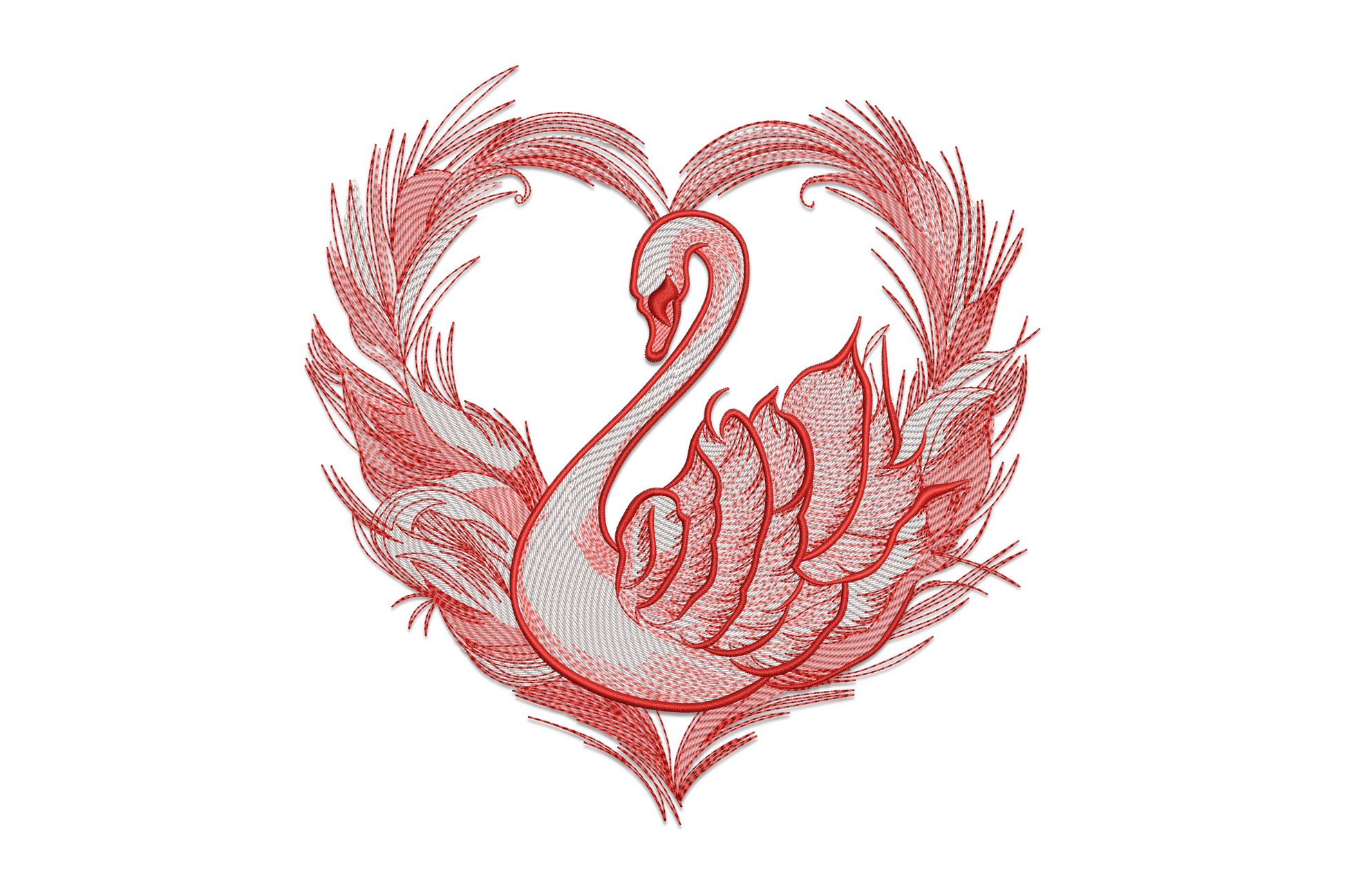 Elegant swan heart machine embroidery design, two swans facing each other with necks forming a heart shape in ivory, gold and teal