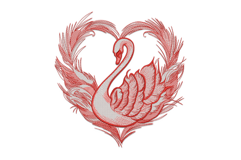 Elegant swan heart machine embroidery design, two swans facing each other with necks forming a heart shape in ivory, gold and teal
