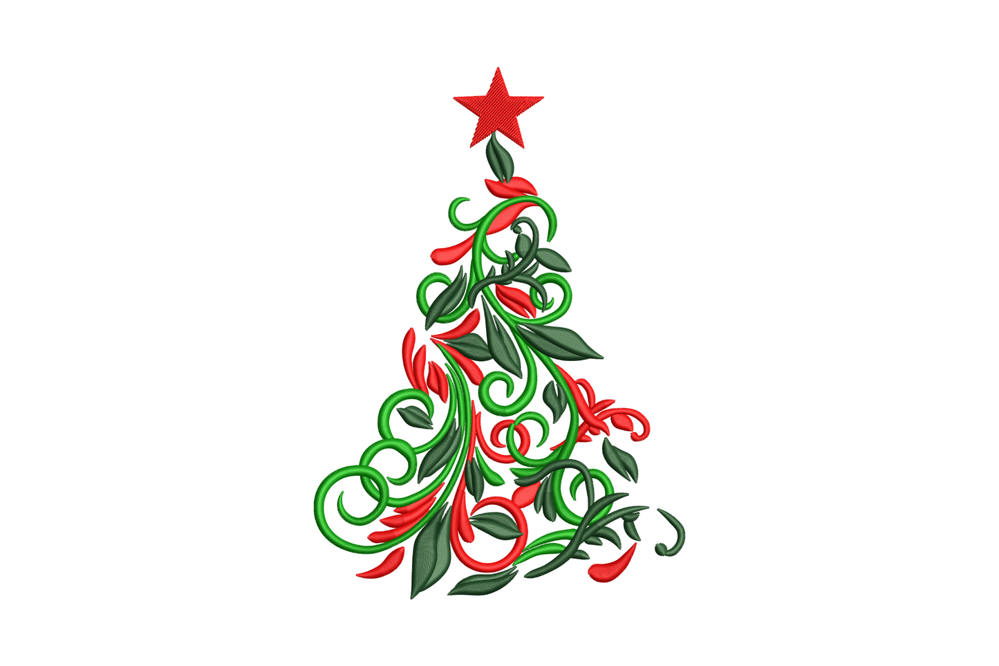 Elegant swirl Christmas tree embroidery with botanical vine and leaf design in dark green and bright red, with a star on top, ornamental holiday style