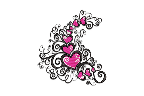 Elegant swirl hearts embroidery design with hot pink filled hearts and dense black scrollwork on white fabric