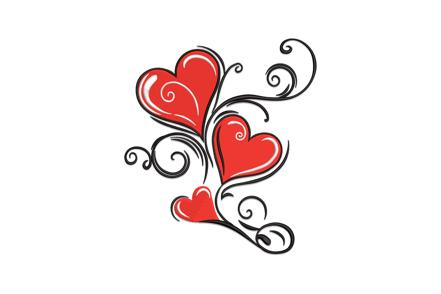 Swirl hearts embroidery, three clustered hearts with spiral flourishes, red satin 500 density, 3 colours, valentines.