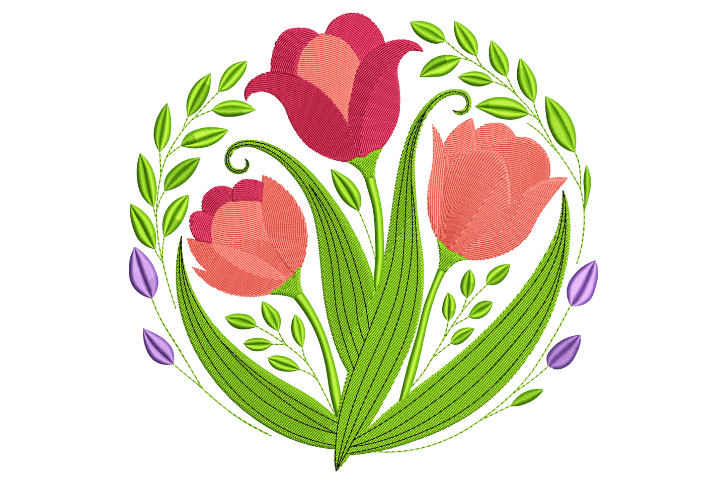 Elegant tulip floral embroidery design with deep rose and coral tulips in a circular leaf wreath with lavender bud accents.