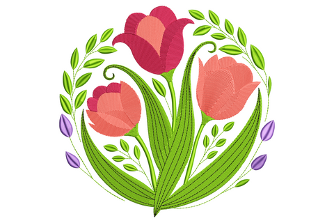 Elegant tulip floral embroidery design with deep rose and coral tulips in a circular leaf wreath with lavender bud accents.