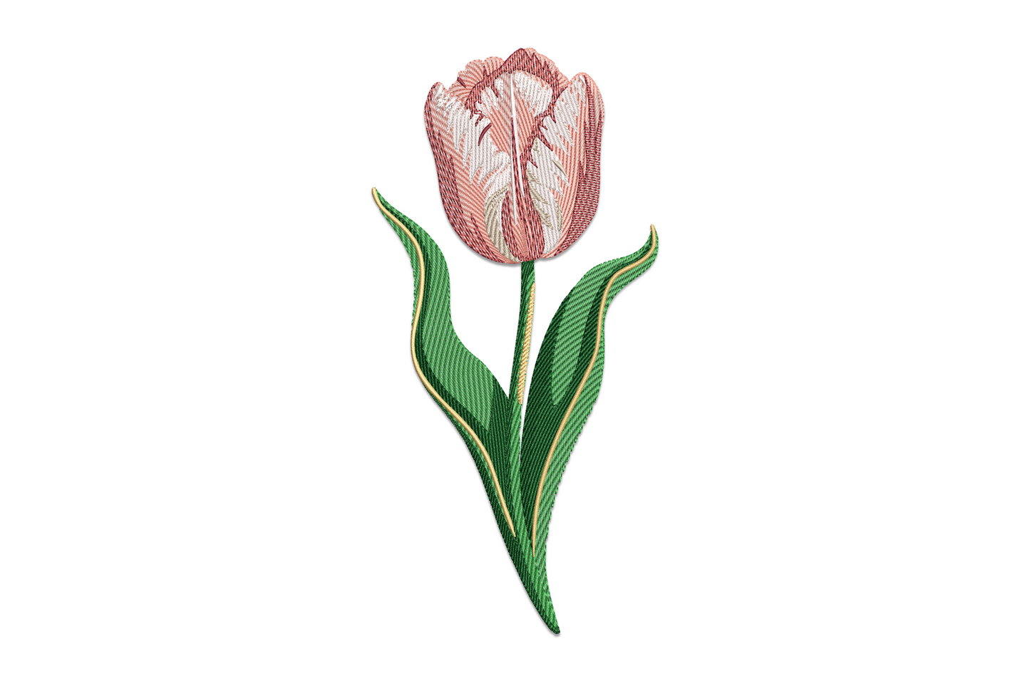 Elegant tulip embroidery with blush pink petals, mulberry veins, emerald green leaves and sawdust tan stem on white ground.