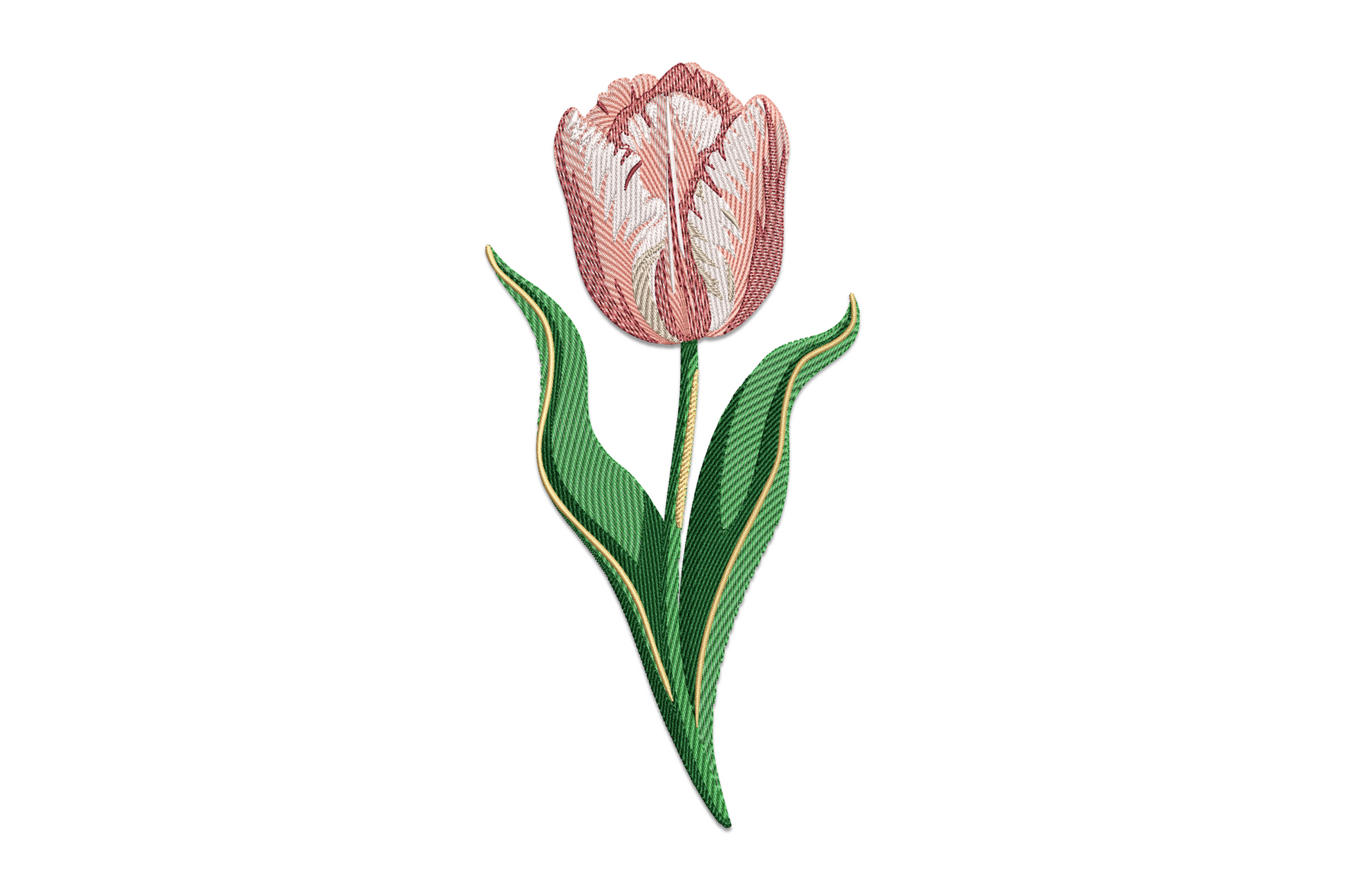 Elegant tulip embroidery with blush pink petals, mulberry veins, emerald green leaves and sawdust tan stem on white ground.