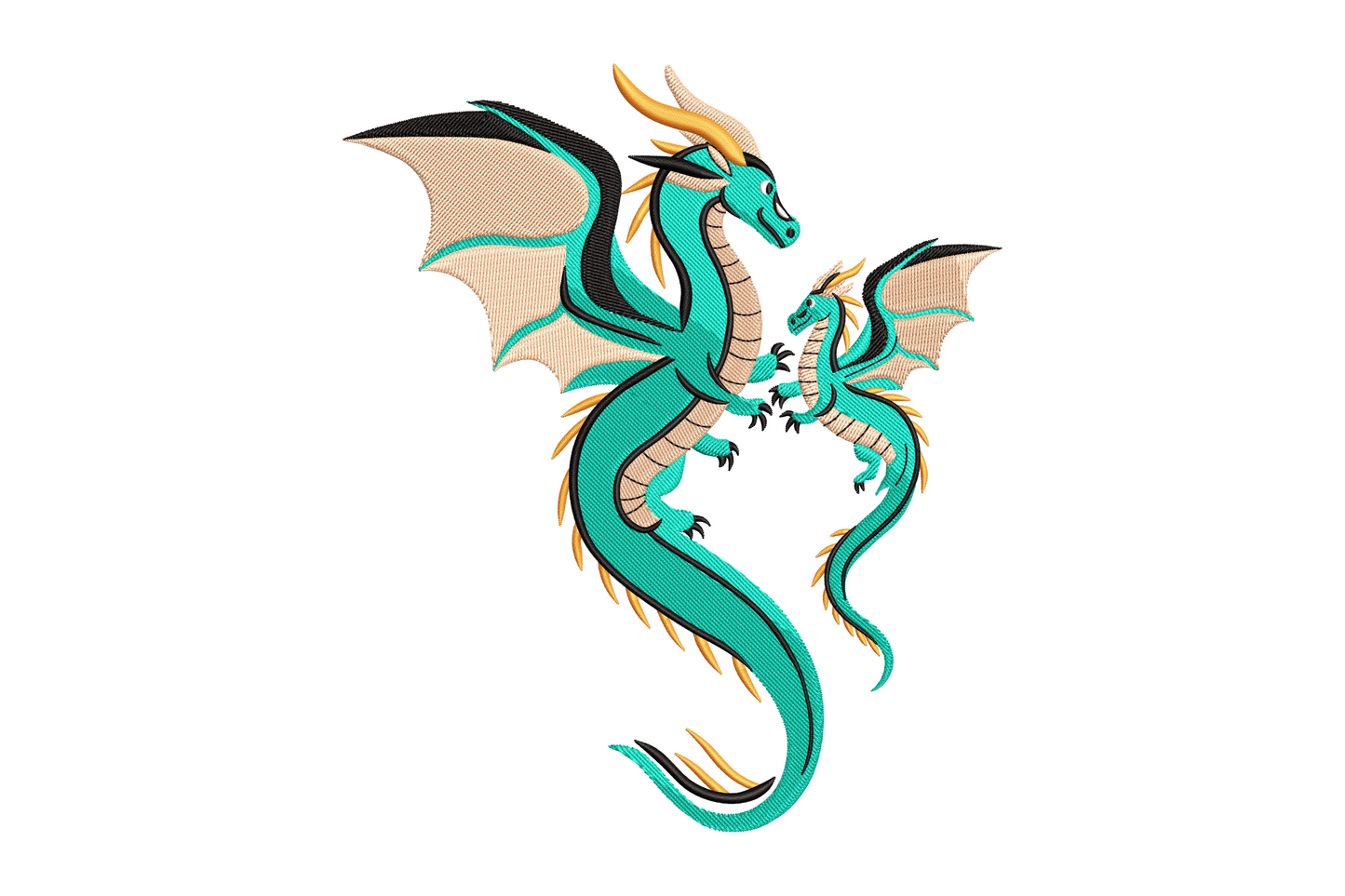 Elegant twin dragon embroidery design with two mirrored dragons facing each other, teal and gold tones on dark fabric, heraldic style