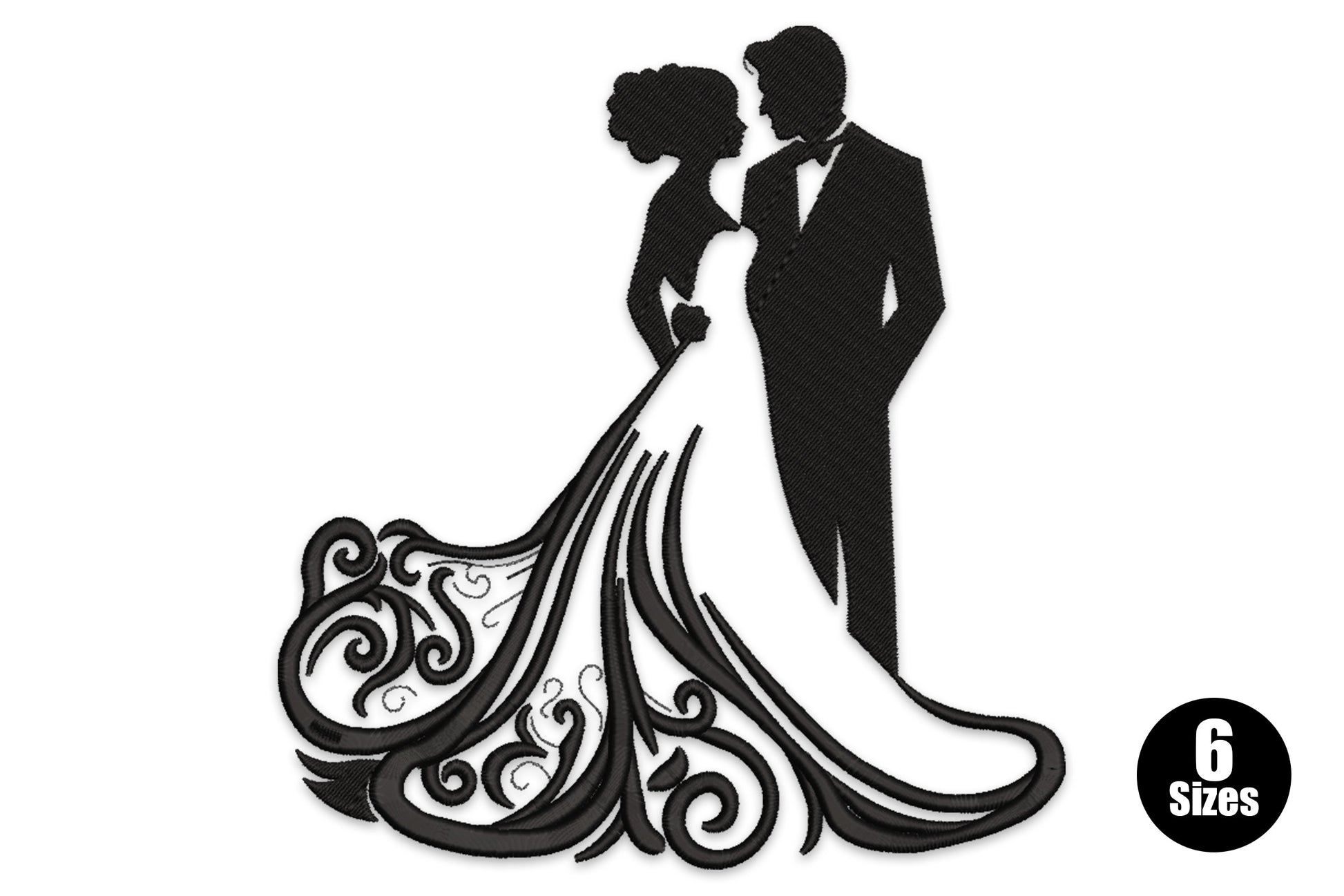 Wedding couple silhouette embroidery design with solid black bride and groom and ornate scrollwork dress train.