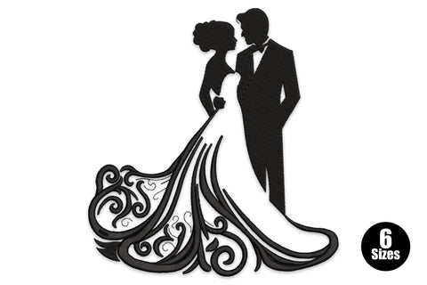 Wedding couple silhouette embroidery design with solid black bride and groom and ornate scrollwork dress train.