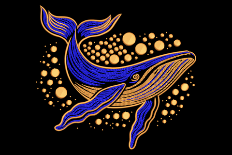 Elegant whale embroidery in cobalt blue with warm gold outline and decorative bubble circles on dark fabric background.