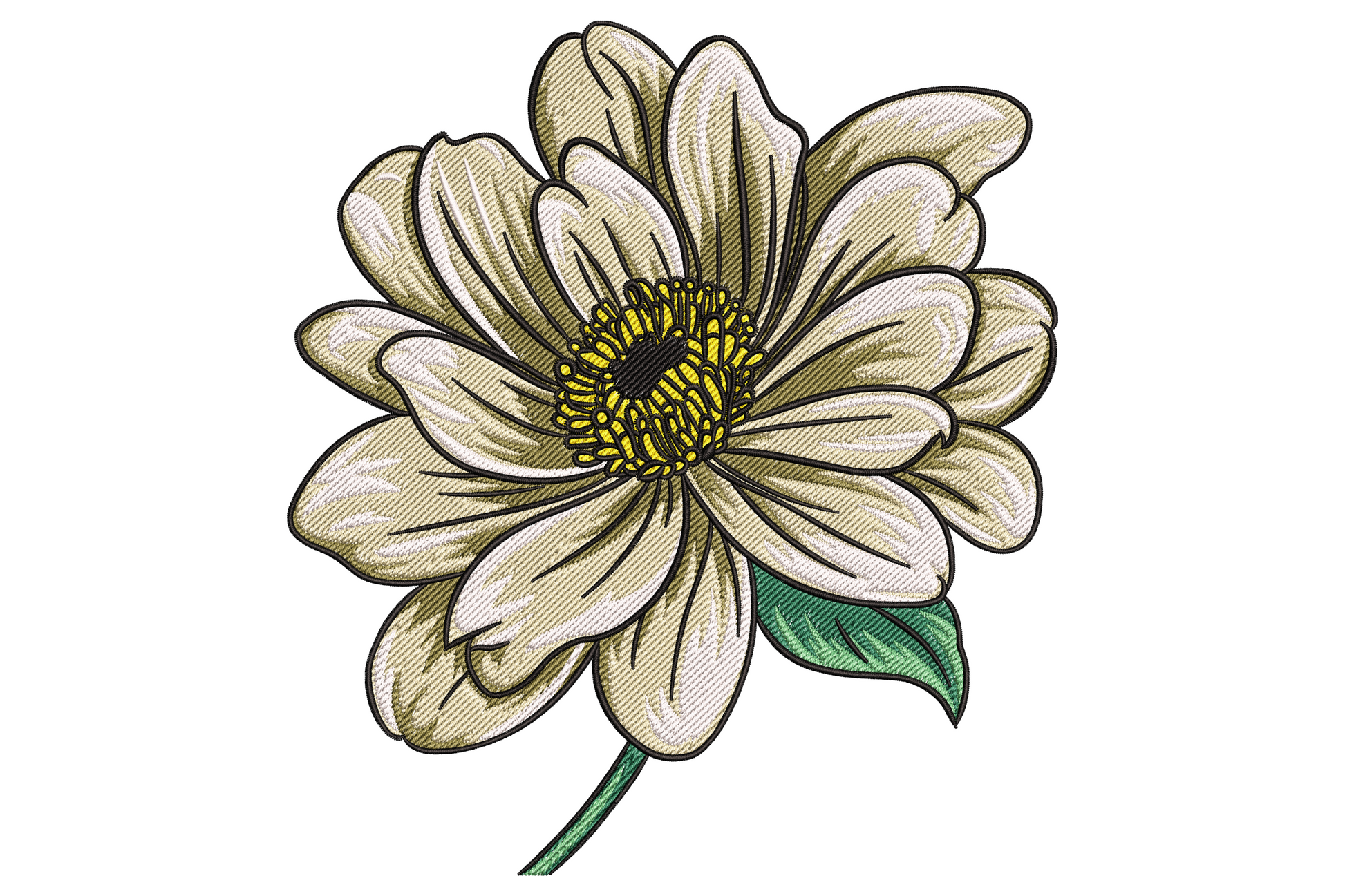 Elegant white zinnia floral embroidery with layered cream petals, olive shading, yellow satin centre and green leaf stem.