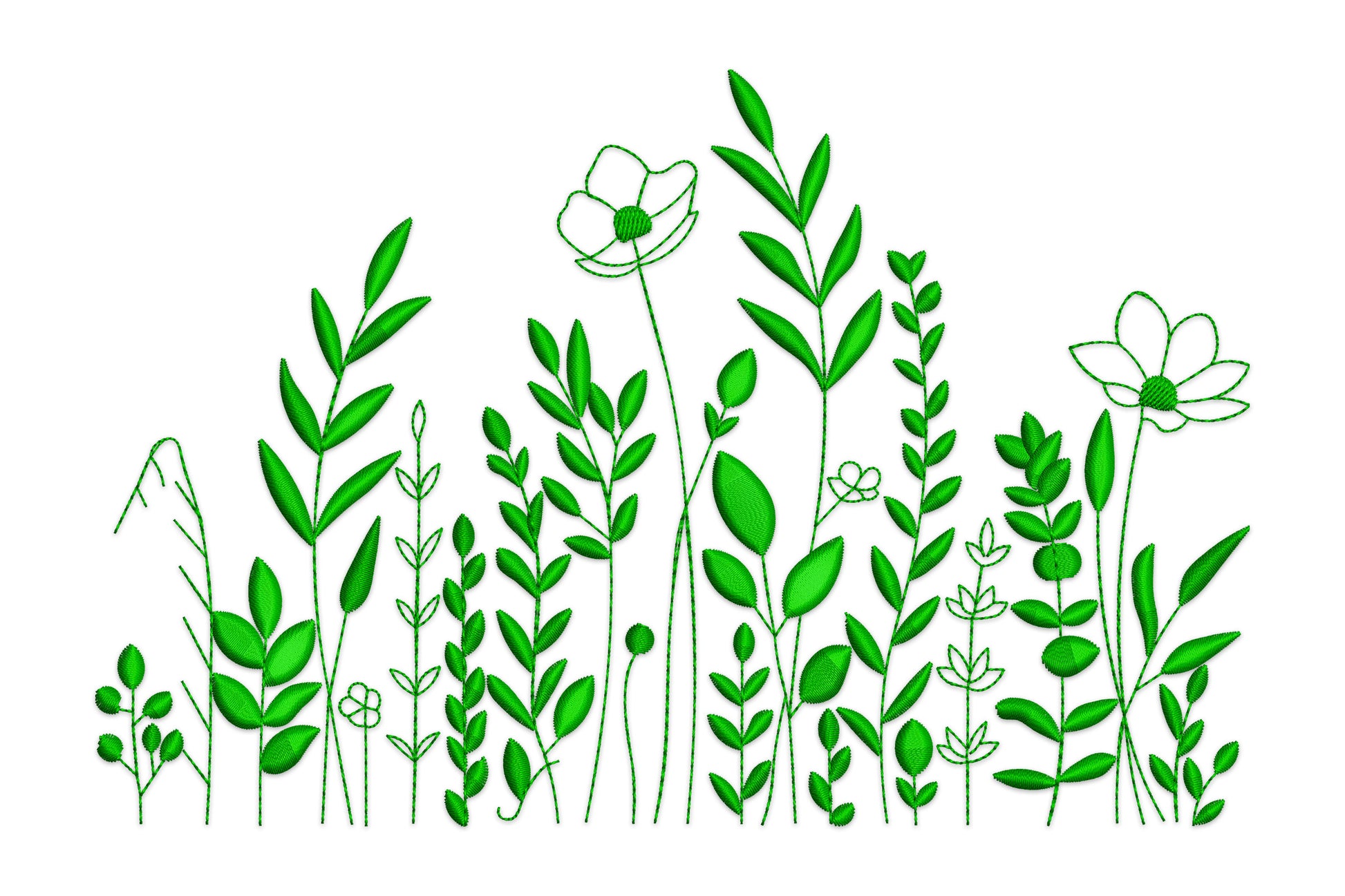 Wildflower border embroidery design dark green single thread, daisies grass ferns, 5 sizes 2.63-5.25 inch wide, botanical border