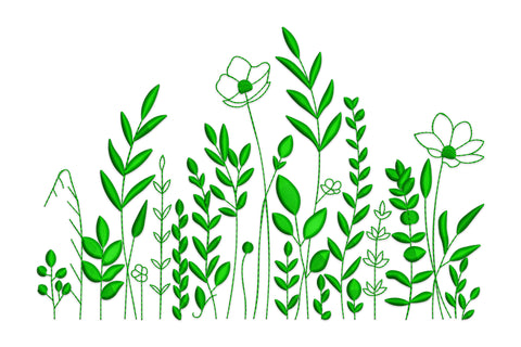Wildflower border embroidery design dark green single thread, daisies grass ferns, 5 sizes 2.63-5.25 inch wide, botanical border