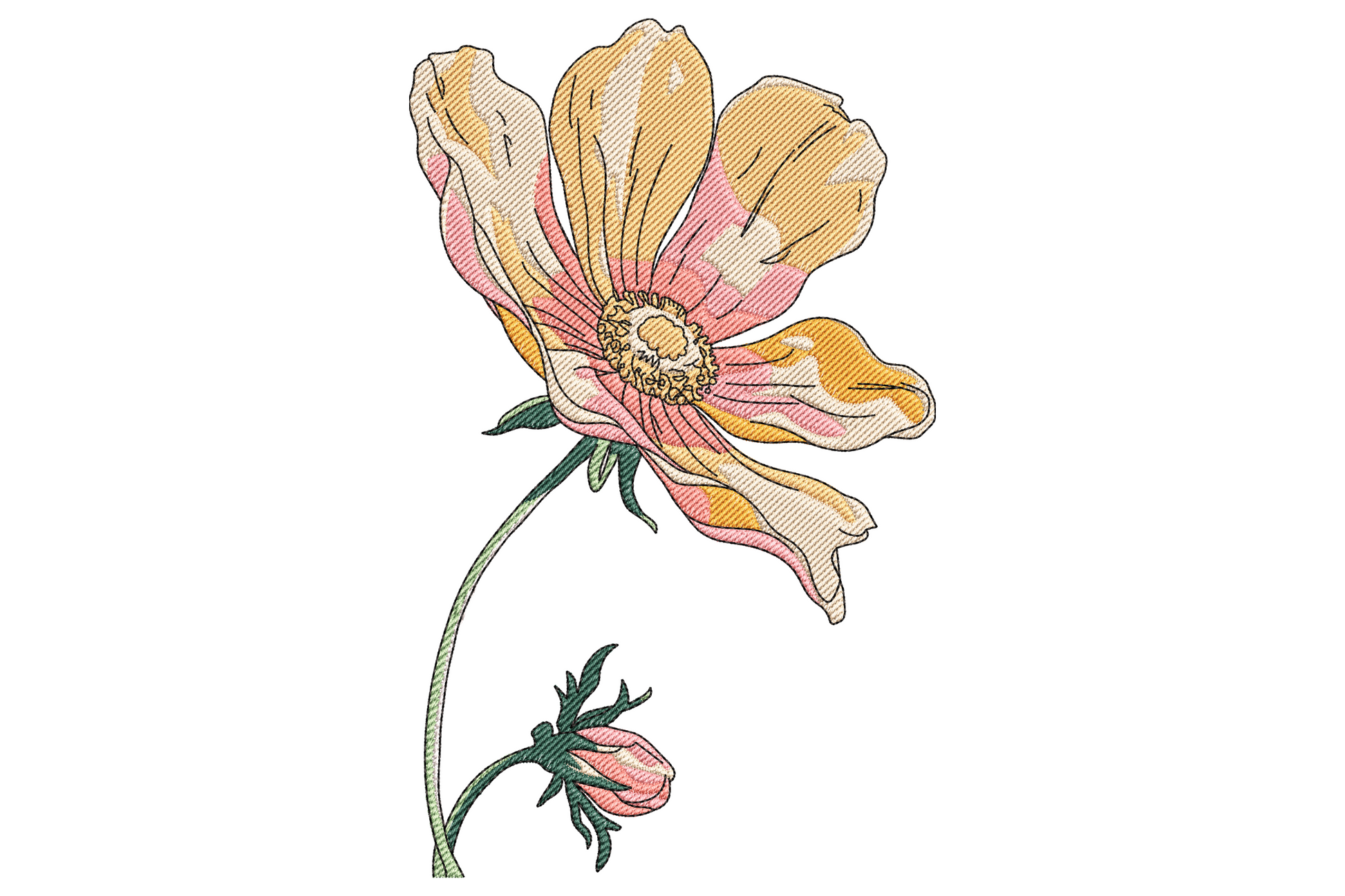 Wildflower stem embroidery design with open peach bloom and small bud, 9 colors, botanical machine embroidery
