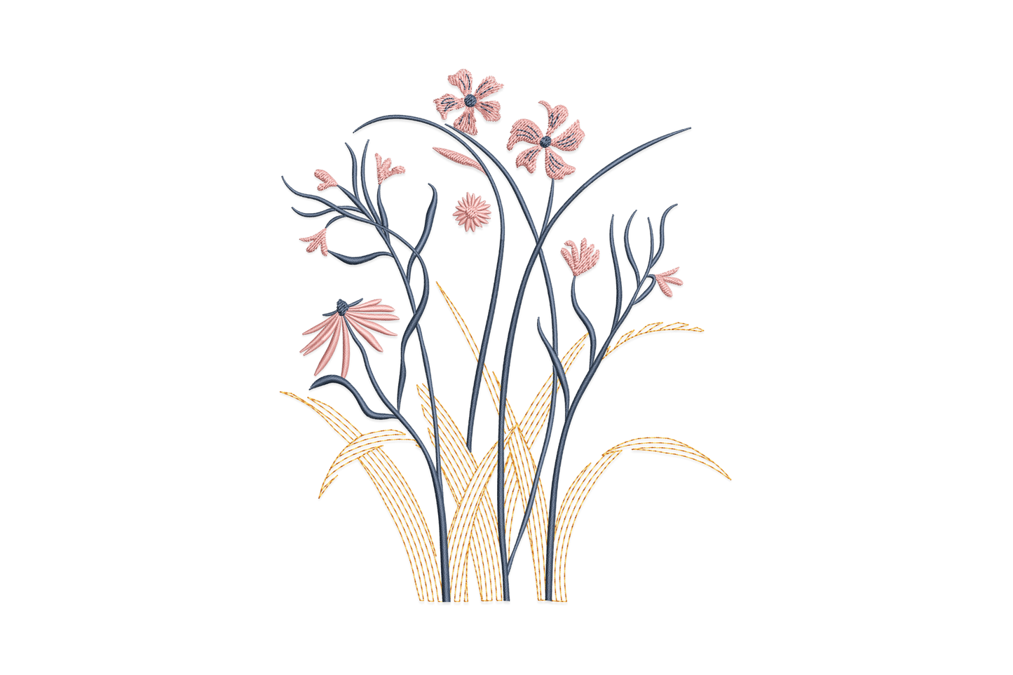 Elegant wildflower meadow embroidery design with tall grass stems, daisy blooms and arching branches in orange, pink and slate navy.