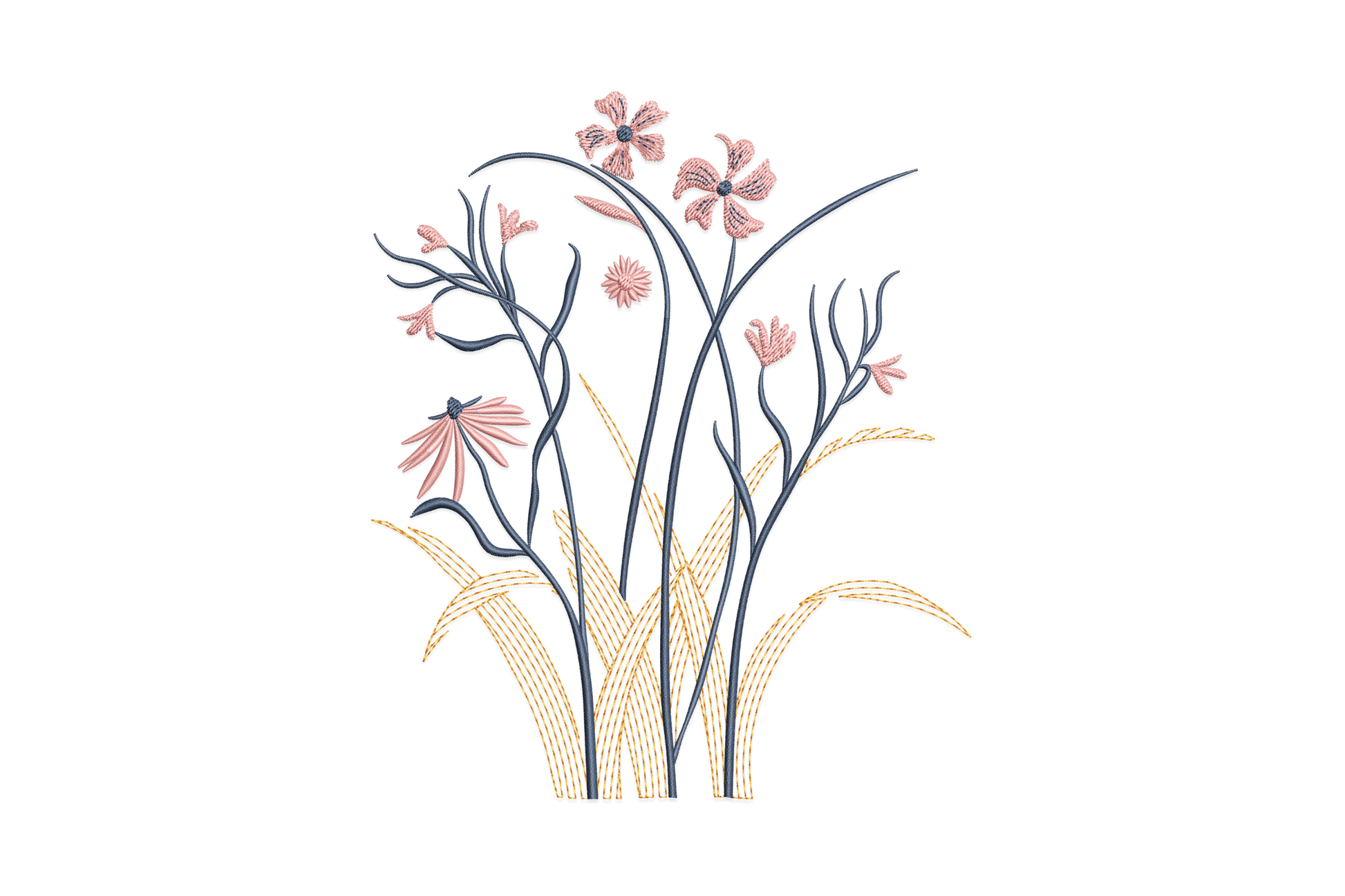 Elegant wildflower meadow embroidery design with tall grass stems, daisy blooms and arching branches in orange, pink and slate navy.