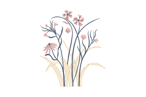 Elegant wildflower meadow embroidery design with tall grass stems, daisy blooms and arching branches in orange, pink and slate navy.