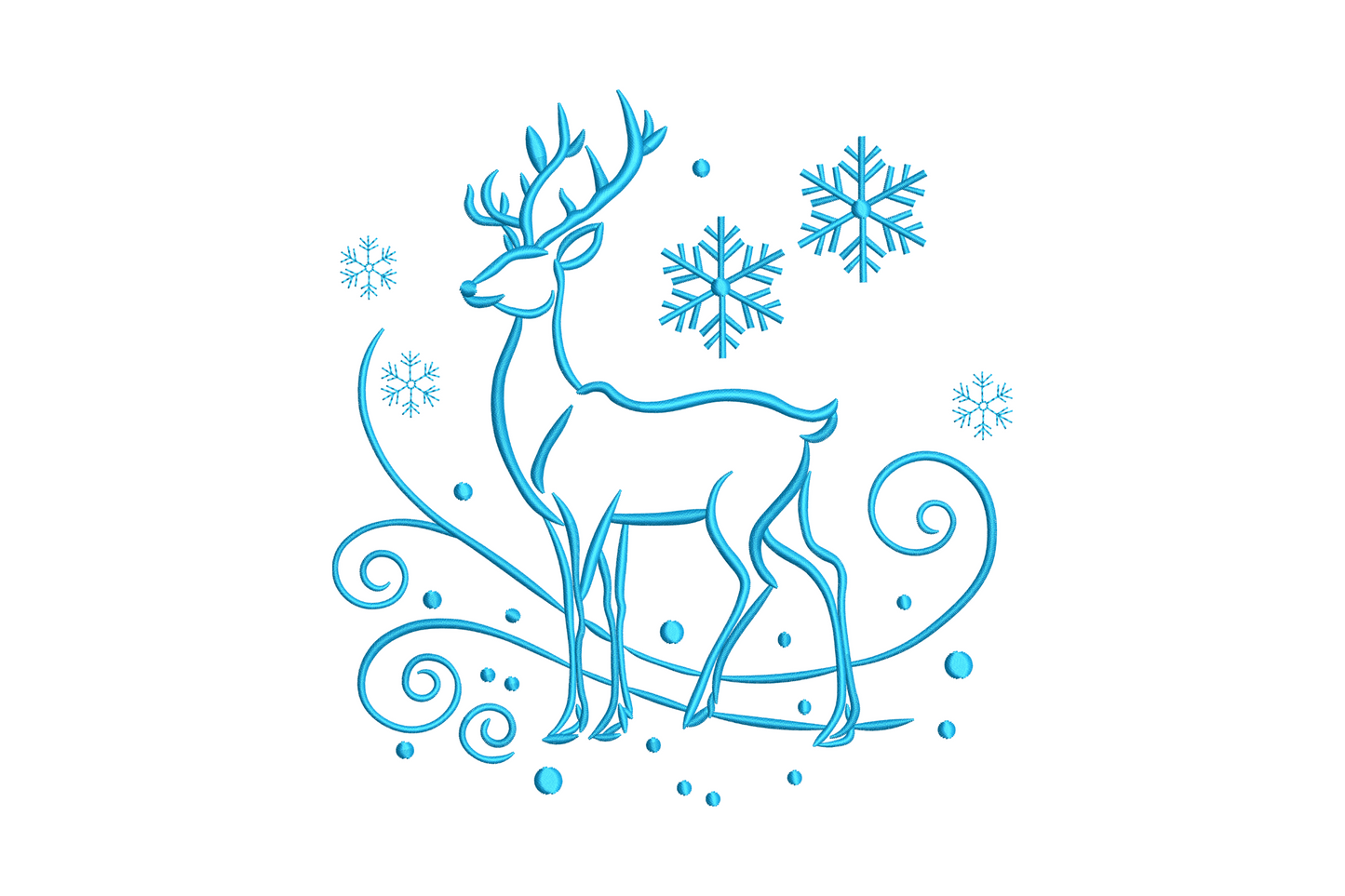 Elegant line-art winter deer with decorative swirl fill and floating snowflakes, single ice blue thread on cream or navy fabric