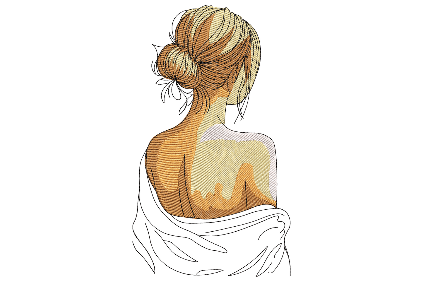 Elegant woman shown from behind with hair in a messy bun, honey blonde and caramel tones, ivory drape across her shoulders.