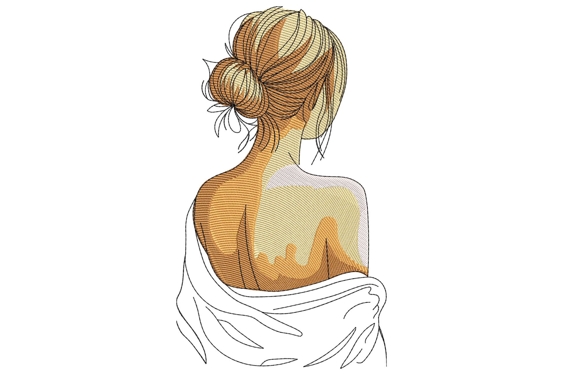 Elegant woman shown from behind with hair in a messy bun, honey blonde and caramel tones, ivory drape across her shoulders.