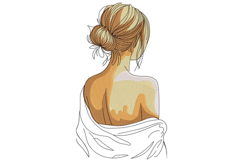 Elegant woman shown from behind with hair in a messy bun, honey blonde and caramel tones, ivory drape across her shoulders.