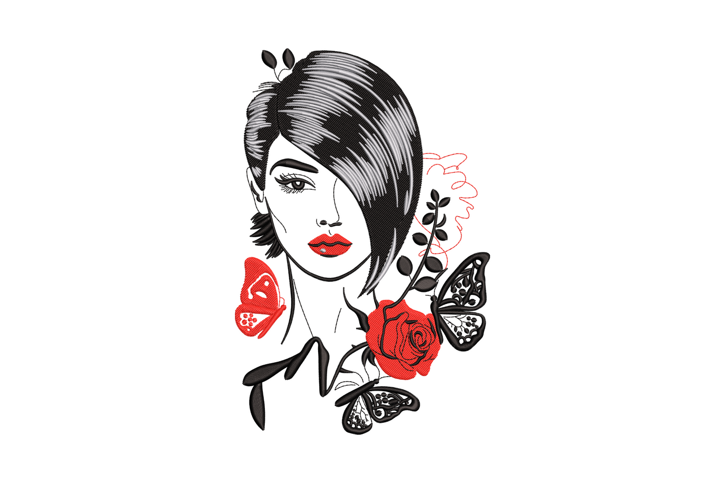 Elegant woman face embroidery with sharp bob haircut, bold red lips, surrounding roses and butterflies in striking black and red contrast.