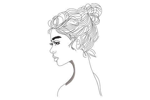 Elegant woman face line art embroidery, side profile with loose hair bun, pure outline stitching in black on white fabric.