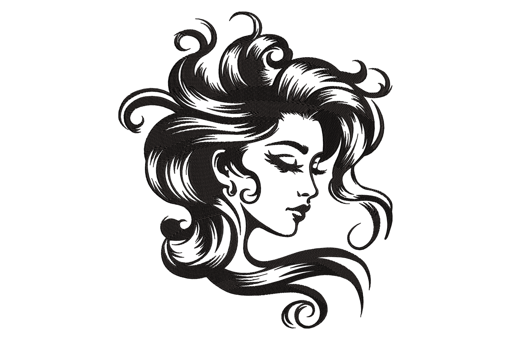 Embroidery design of a woman in profile silhouette with closed eyes, full lips, hoop earring and long flowing wavy black hair