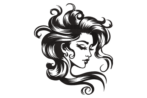 Embroidery design of a woman in profile silhouette with closed eyes, full lips, hoop earring and long flowing wavy black hair