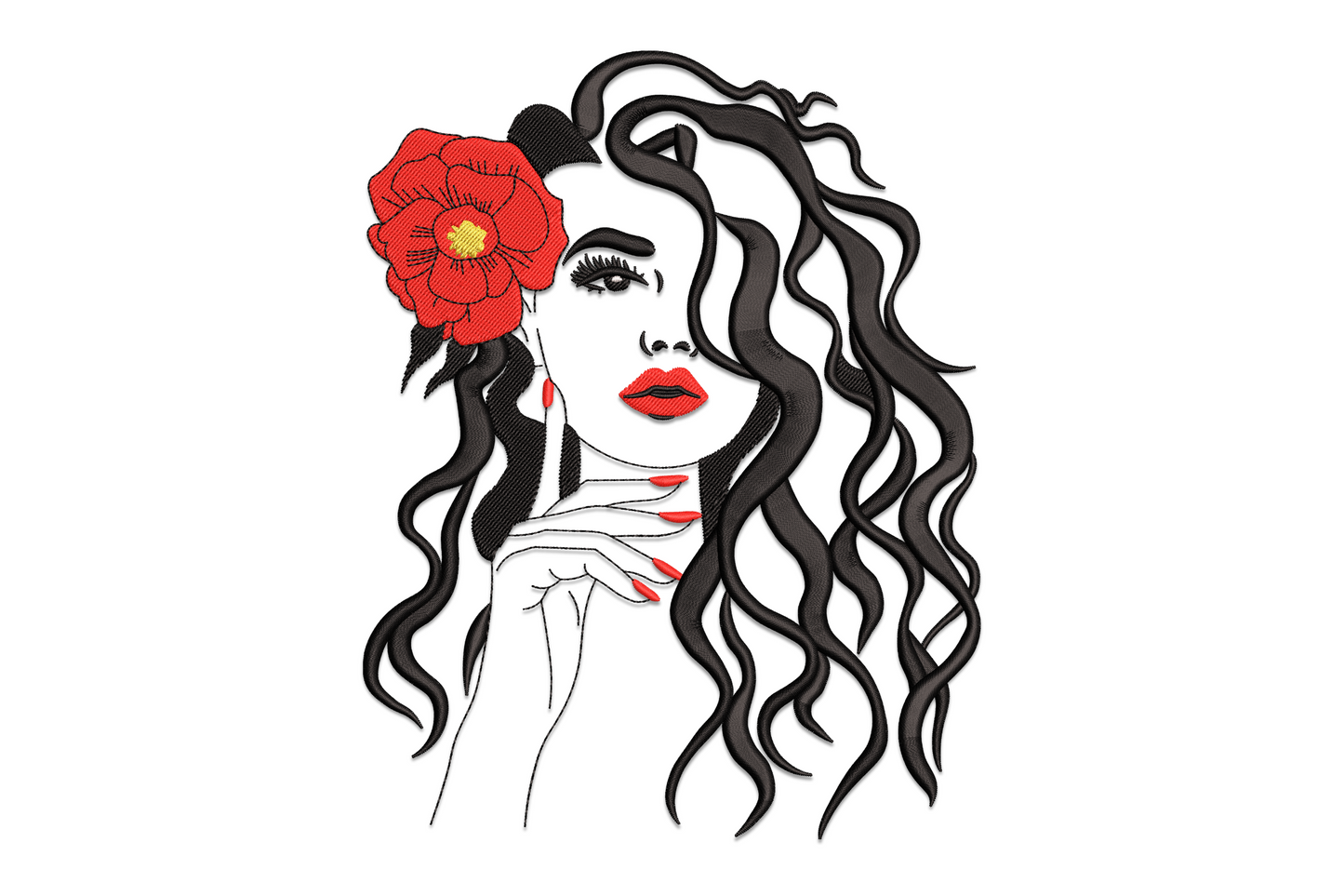 Elegant woman face with red flower embroidery design in peach skin tone and scarlet petals on cream pillow fabric.