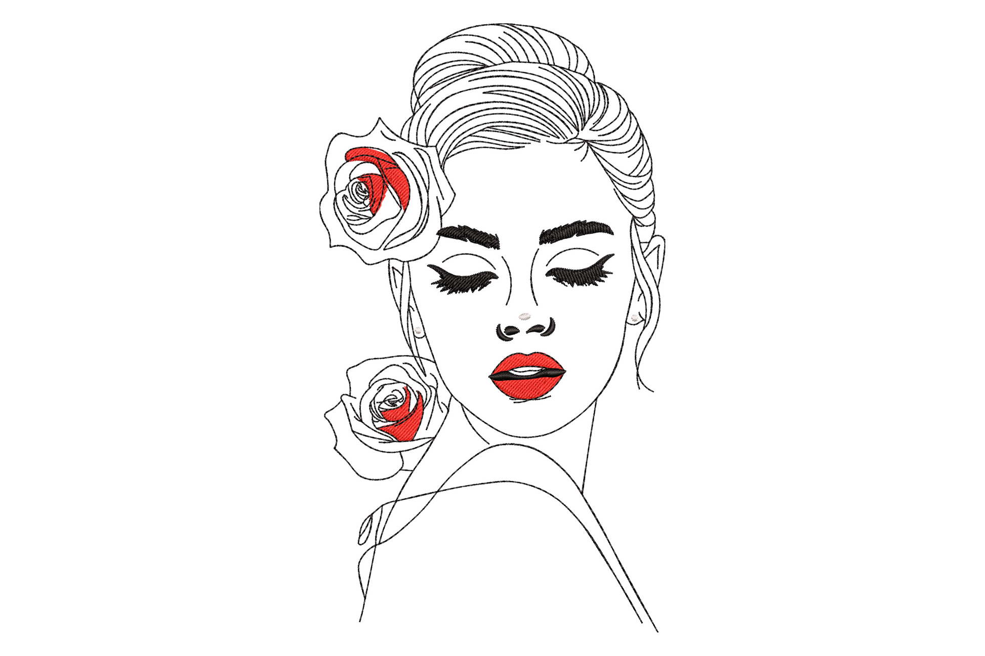 Woman face line art embroidery with red roses, eyes closed, hair up bun, black outline style, red lips and rose fills.