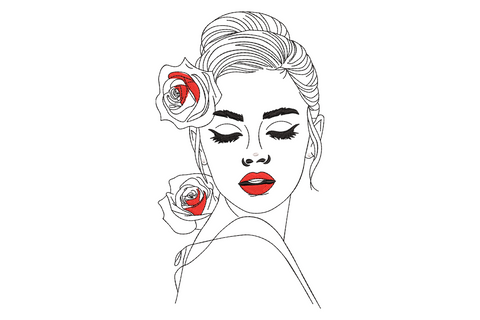 Woman face line art embroidery with red roses, eyes closed, hair up bun, black outline style, red lips and rose fills.
