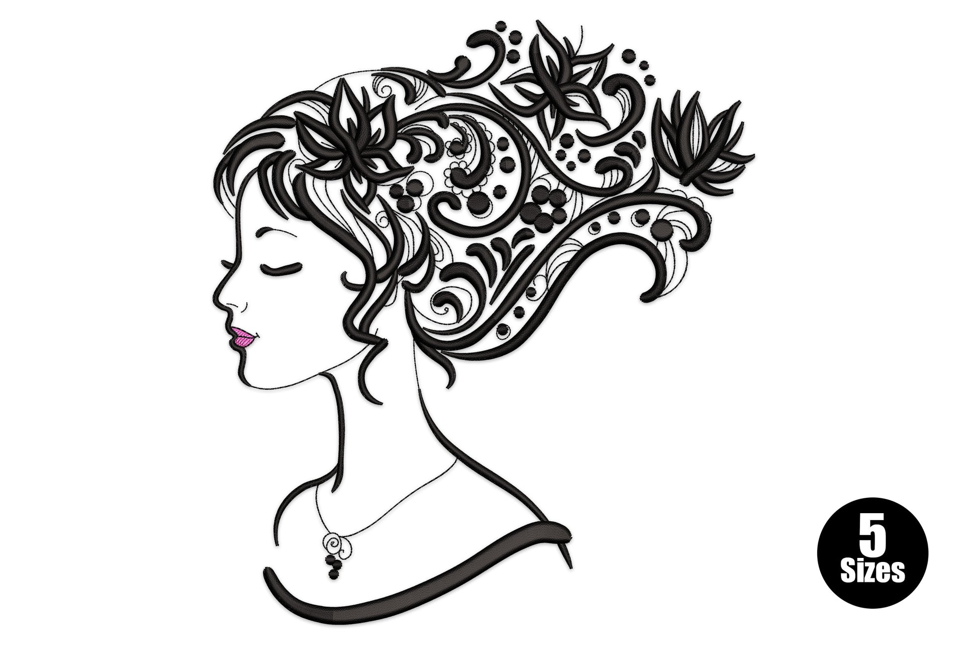 Elegant woman floral hair embroidery, black side profile with swirly paisley and lotus hair cascade and a pink lip pop.