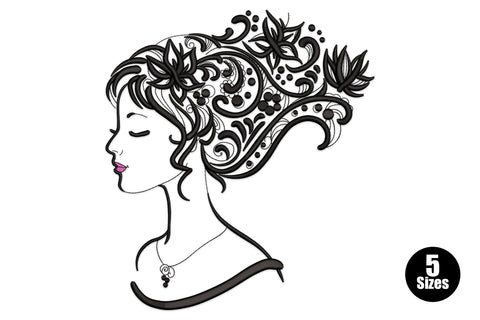 Elegant woman floral hair embroidery, black side profile with swirly paisley and lotus hair cascade and a pink lip pop.