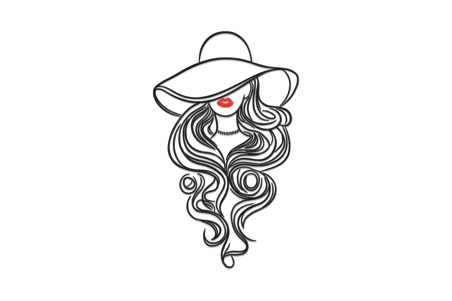 Elegant woman line art embroidery design with bold single-line facial outline, flowing hair silhouette, and two-colour contemporary fashion illustration style