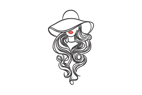 Elegant woman line art embroidery design with bold single-line facial outline, flowing hair silhouette, and two-colour contemporary fashion illustration style