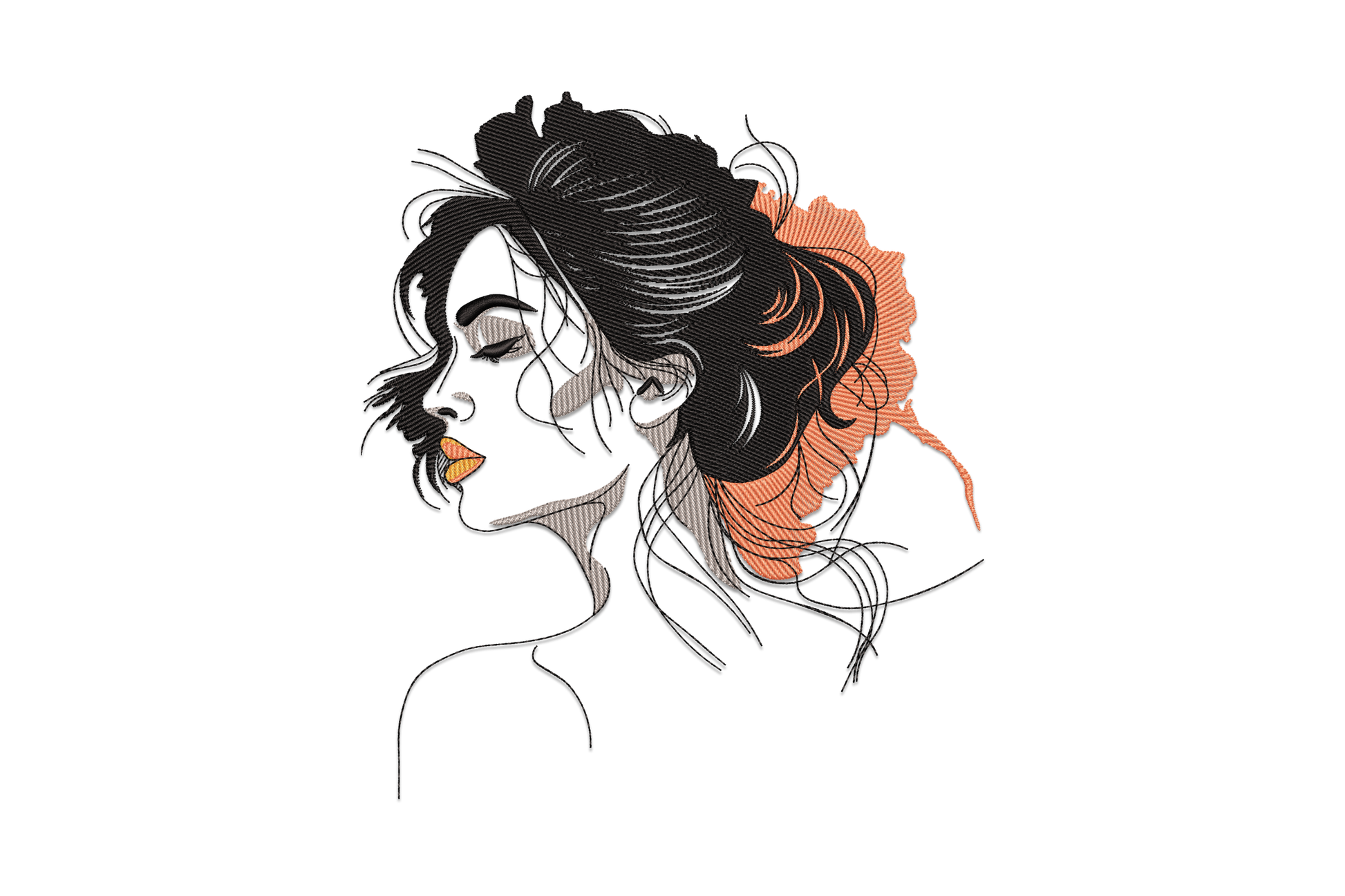 Elegant woman profile line art embroidery, minimalist side portrait with flowing hair and clean satin outline curves, fashion style design