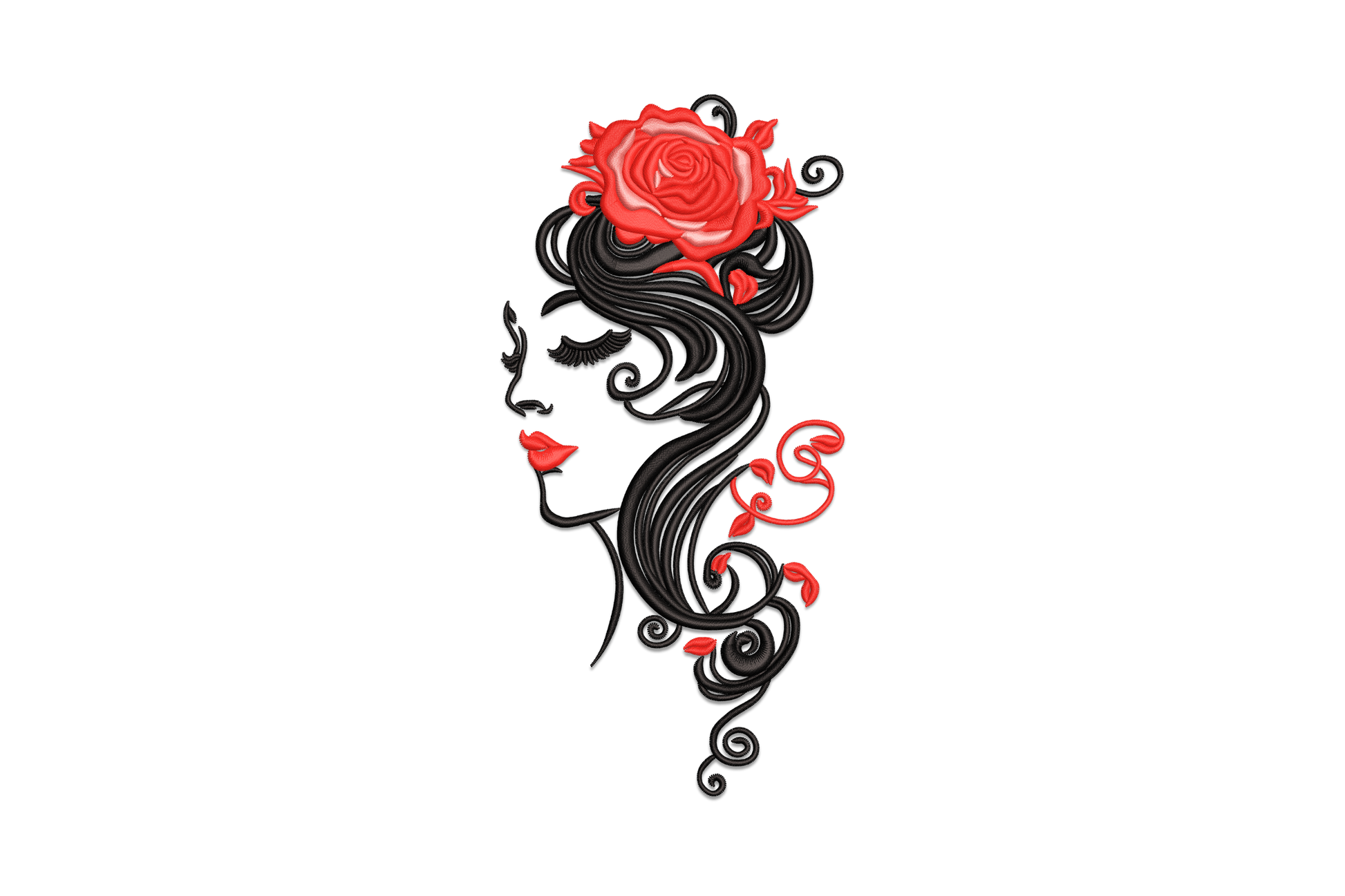 Art Nouveau woman with roses in her hair embroidery design, side profile silhouette with floral botanical elements