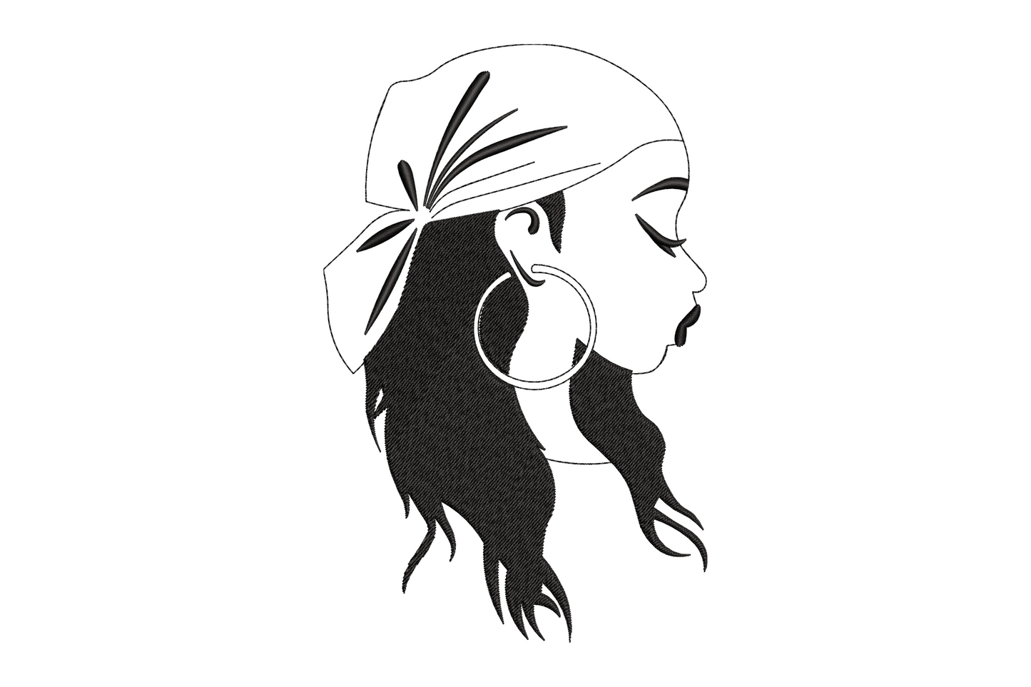 Elegant woman side profile embroidery design in black line art with bow headband, hoop earring and long flowing hair.