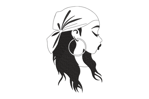 Elegant woman side profile embroidery design in black line art with bow headband, hoop earring and long flowing hair.