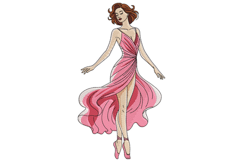 Elegant woman embroidery design in flowing pink dress with long dark hair caught mid-motion in a soft fashion-illustration style.