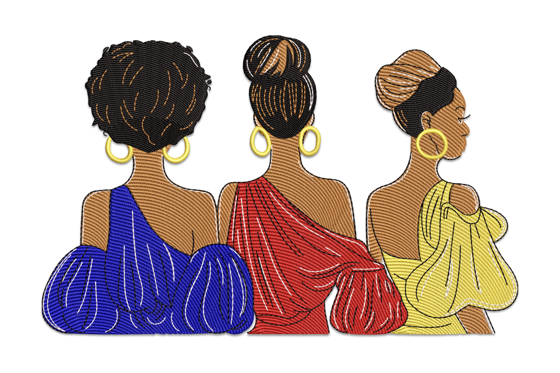 Three women in coloured gowns seen from behind, Afro beauty 8-colour machine embroidery design on fabric.