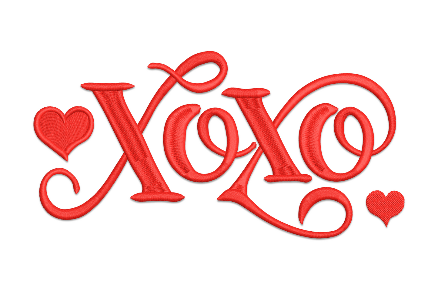 Machine embroidery design of flowing cursive XOXO text in single color script, elegant connected letters, wide landscape format