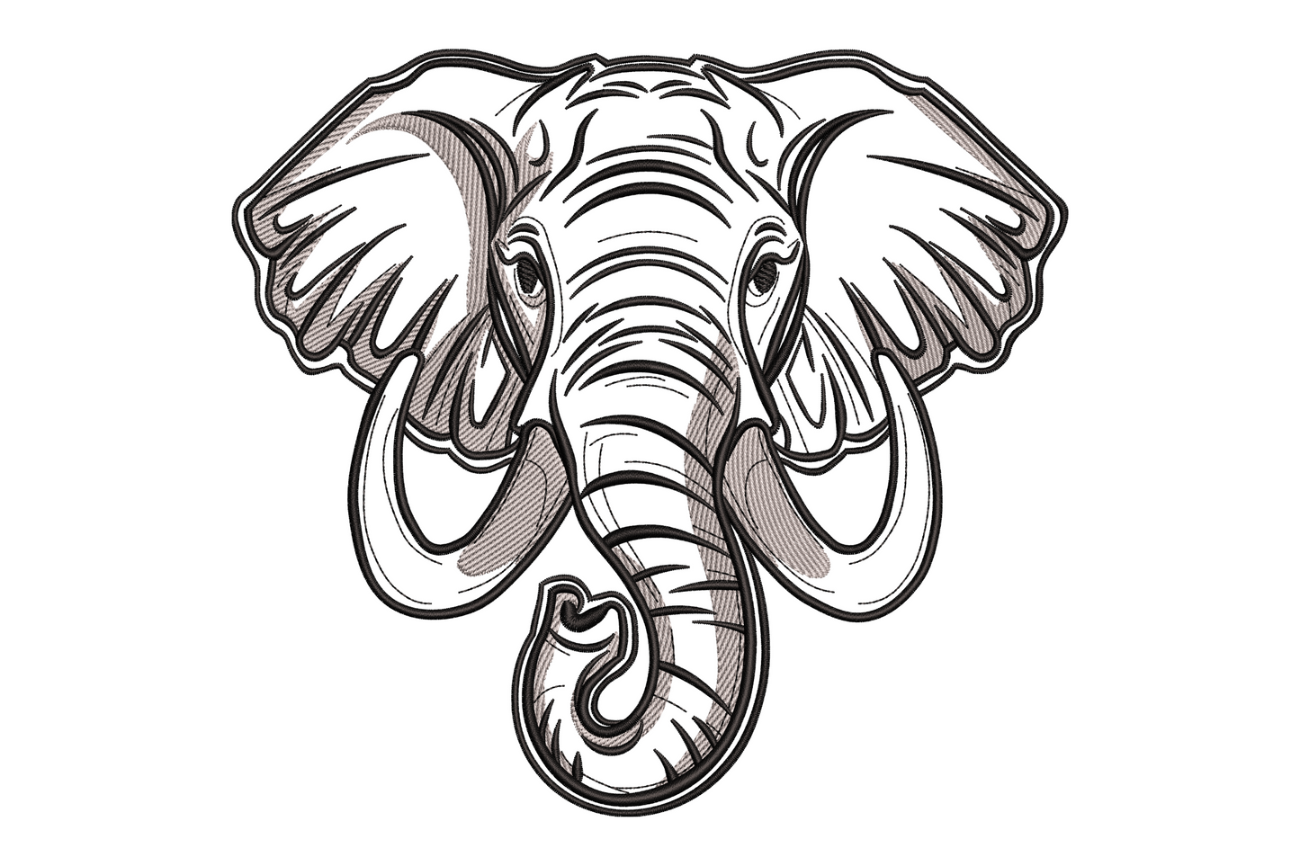 Frontal elephant head machine embroidery design in grey and ivory, realistic portrait style with wide ears, curved tusks and detailed trunk, centred composition